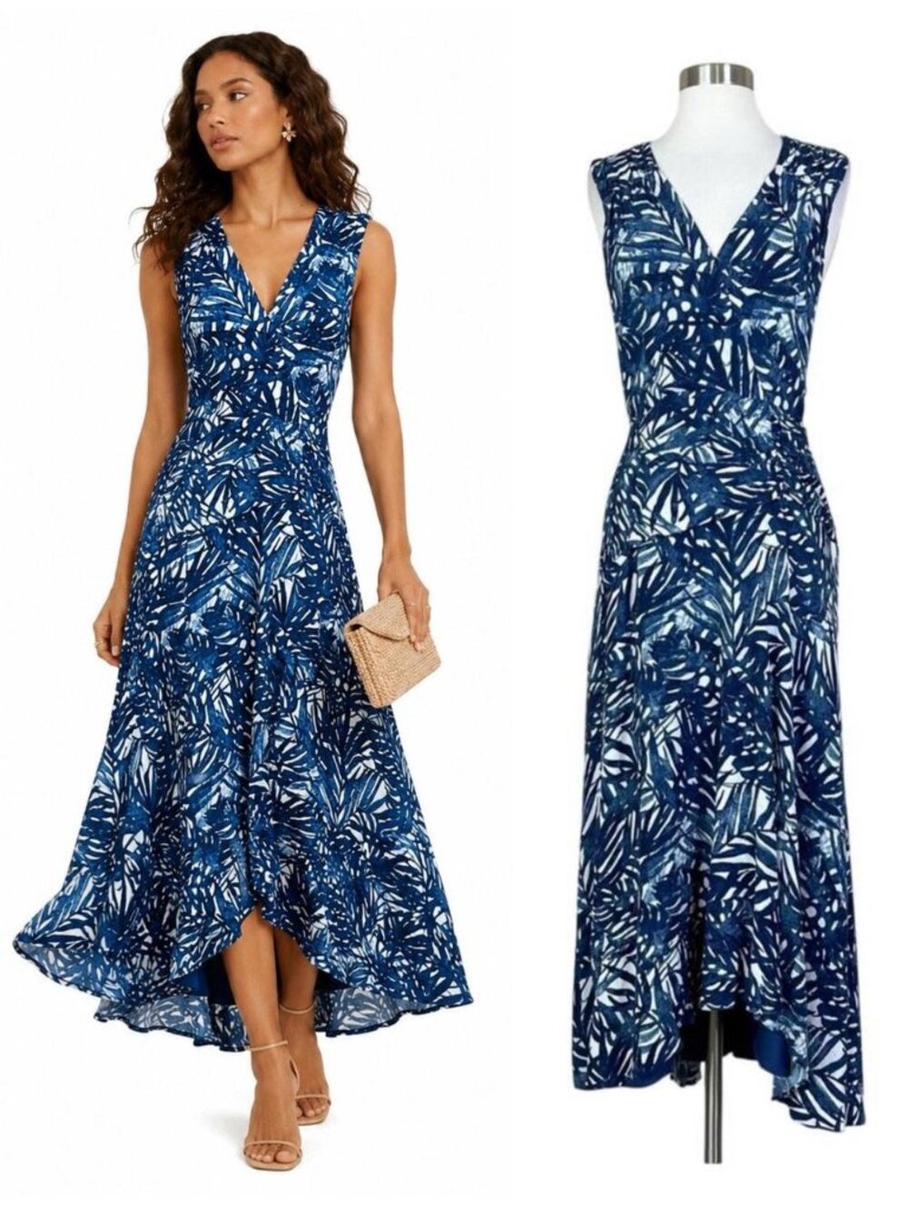 Jonathan‎ Simkhai Priscilla Dress flowy Ruched waist Midi maxi Blue palm crepe